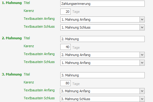 Einstellungen der Mahnstufen